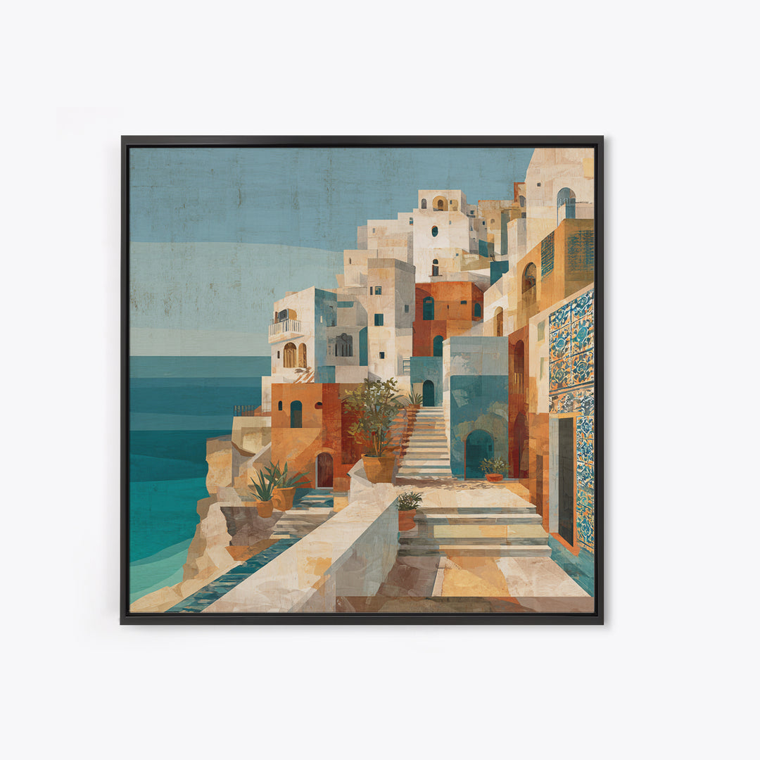 Coastal Cliffs with Sparkling Blue Water Framed Canvas Print, Mediterranean Art, Horizontal Wall Art, Living Room Decor, Azure, MAR-1x1-44