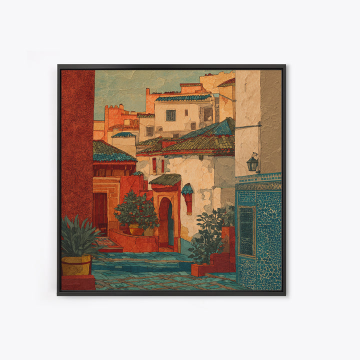 Sunset over Red Tiled Rooftops Framed Canvas Print, Mediterranean Art, Watercolor Painting, Living Room Decor, Fine Art, Azure, MAR-1x1-47