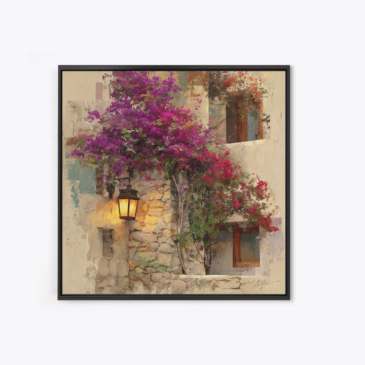 Bougainvillea Cascading over Stone Wall Canvas Print, Mediterranean Art, Landscape Painting, Living Room Decor, Fine Art, Azure, MAR-1x1-5