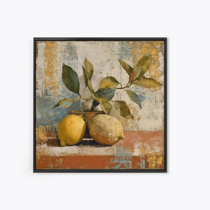 Olive Branch and Lemons on Terracotta Ground Canvas Print, Mediterranean Art, Minimalist Wall Art, Living Room Decor, Azure, MAR-1x1-50