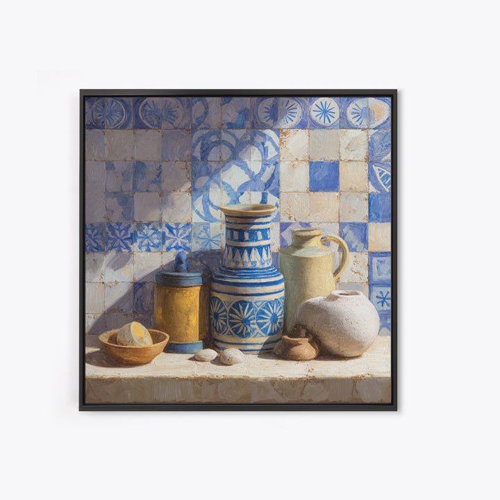 Blue and White Tile Pattern Framed Canvas Print, Mediterranean Art, Watercolor Art, Living Room Decor, Fine Art, Azure, MAR-1x1-52