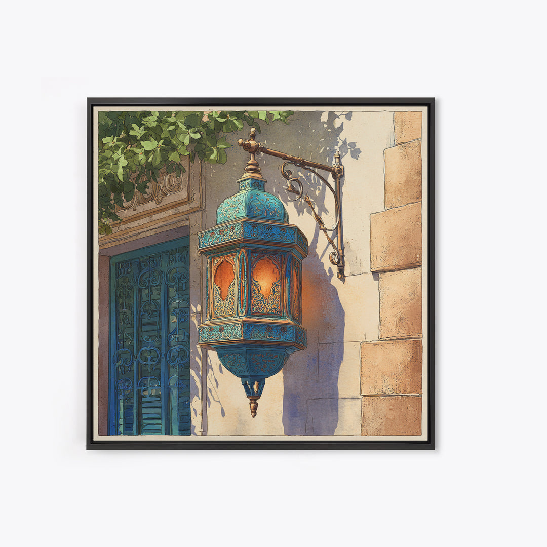 Moroccan Influenced Lantern Framed Canvas Print, Mediterranean Art, Living Room Art, Living Room Decor, Abstract Art, Azure, MAR-1x1-57
