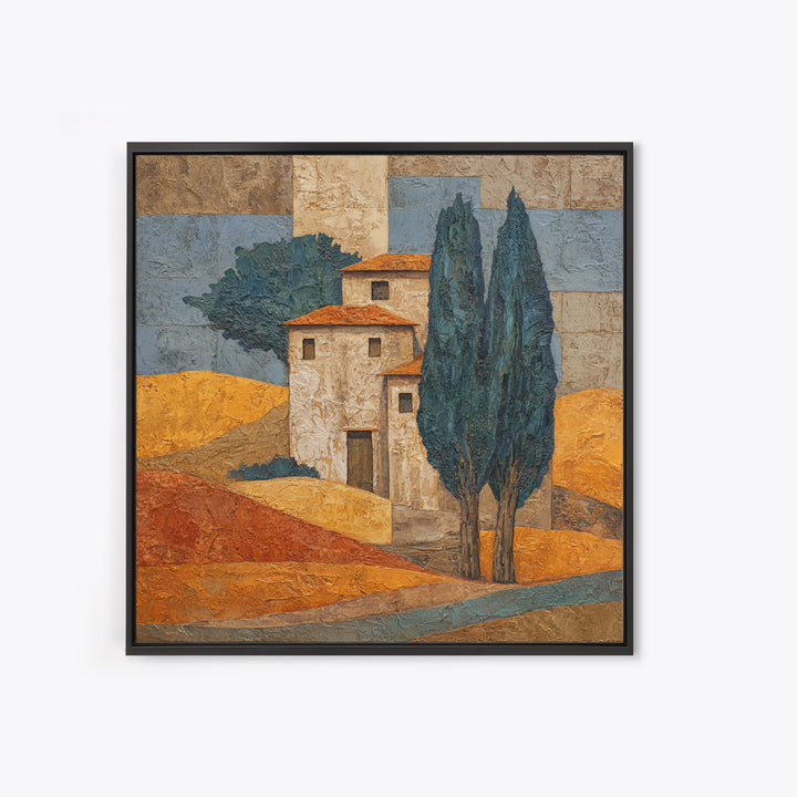 Tuscan Cypress Trees and Golden Hillside Canvas Print, Mediterranean Art, Nautical Decor, Living Room Decor, Azure, MAR-1x1-6