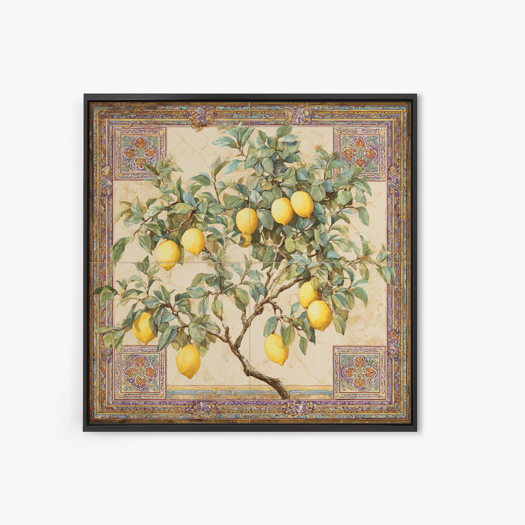 Sicilian Lemon Branch on Ivory Background Framed Canvas Print, Mediterranean Art, Gallery Wall Art, Living Room Decor, Azure, MAR-1x1-61