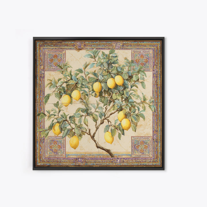 Sicilian Lemon Branch on Ivory Background Framed Canvas Print, Mediterranean Art, Gallery Wall Art, Living Room Decor, Azure, MAR-1x1-61