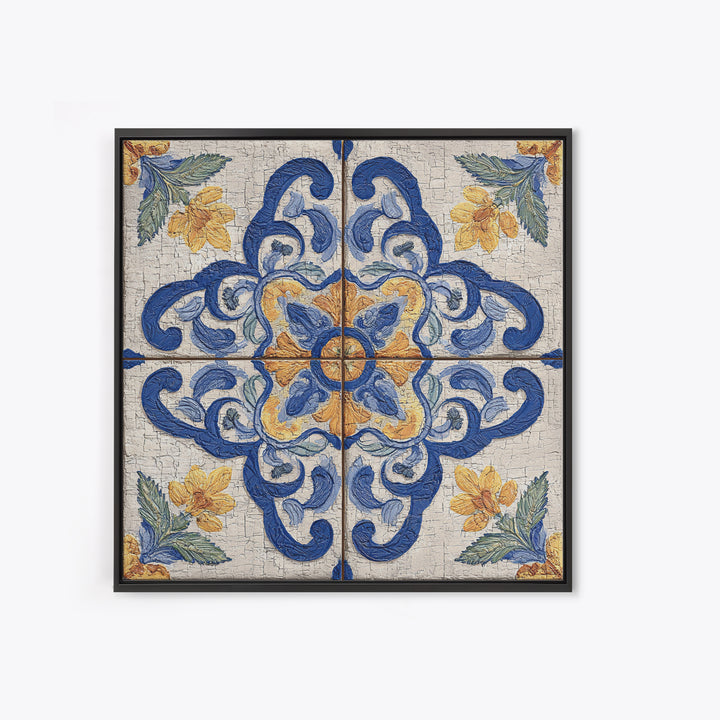 Spanish Tile Ornament Framed Canvas Print, Mediterranean Art, Coastal Wall Art, Living Room Decor, Azure, Living Room Art, MAR-1x1-64