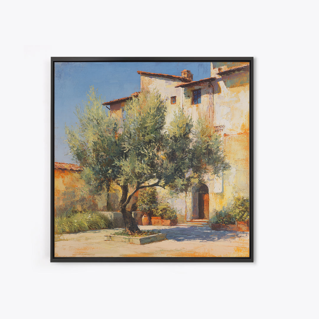 Olive Grove under Pale Morning Light Framed Canvas Print, Mediterranean Art, Landscape Wall Art, Living Room Decor, Azure, MAR-1x1-65
