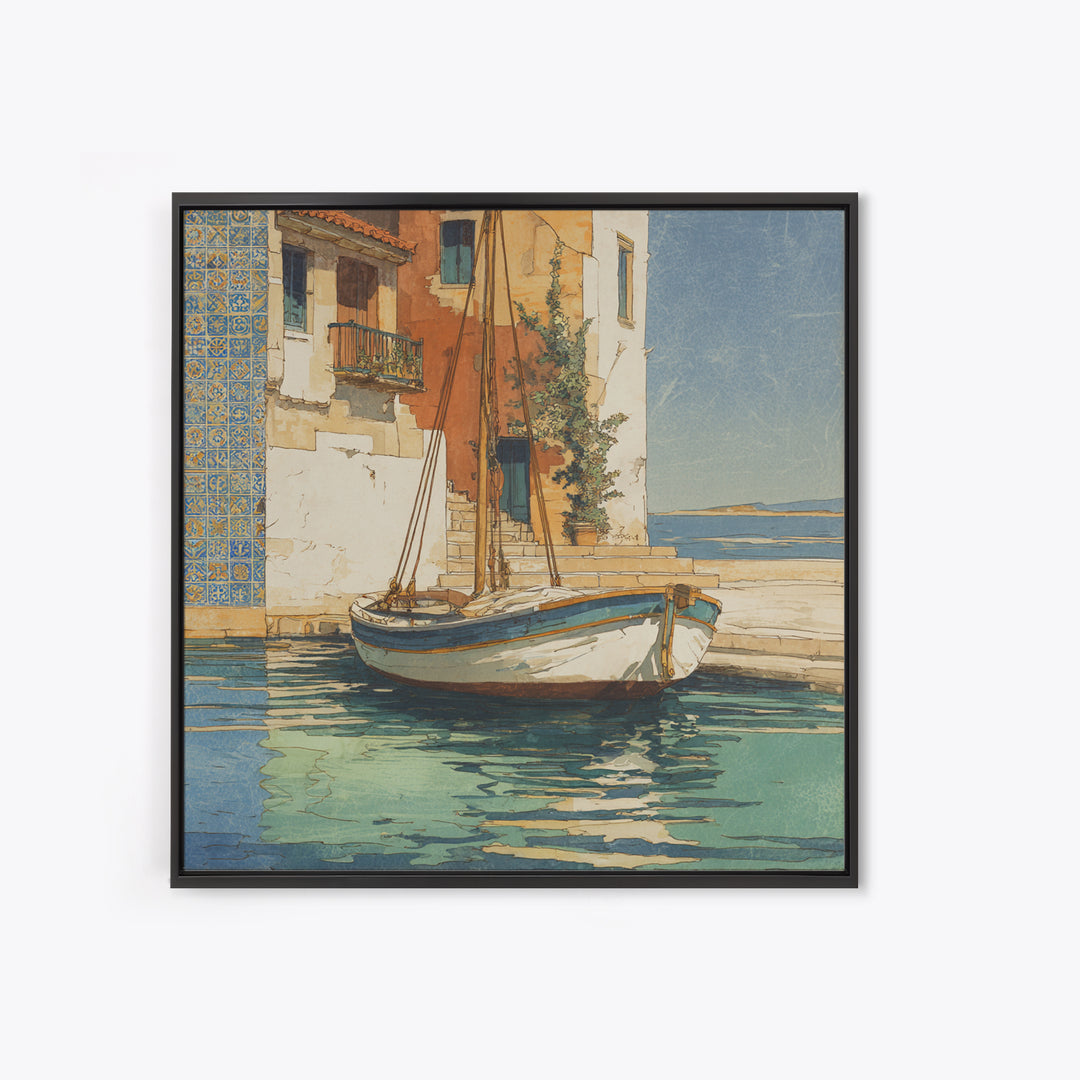 Mediterranean Sailboat on Glassy Water Framed Canvas Print, Mediterranean Art, Watercolor Art, Living Room Decor, Abstract Art, MAR-1x1-66