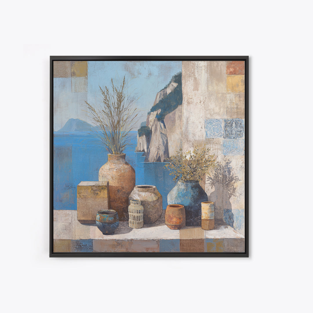 Coastal Cliffs with Sparkling Blue Water Framed Canvas Print, Mediterranean Art, Landscape Painting, Living Room Decor, Azure, MAR-1x1-68