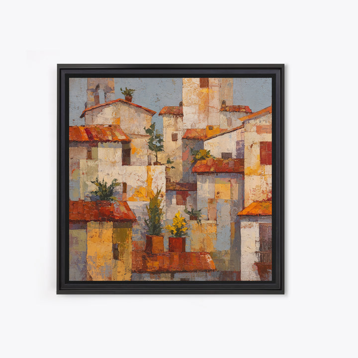 Sunset over Red Tiled Rooftops Framed Canvas Print, Mediterranean Art, Gallery Wall Art, Living Room Decor, Fine Art, Azure, MAR-1x1-71