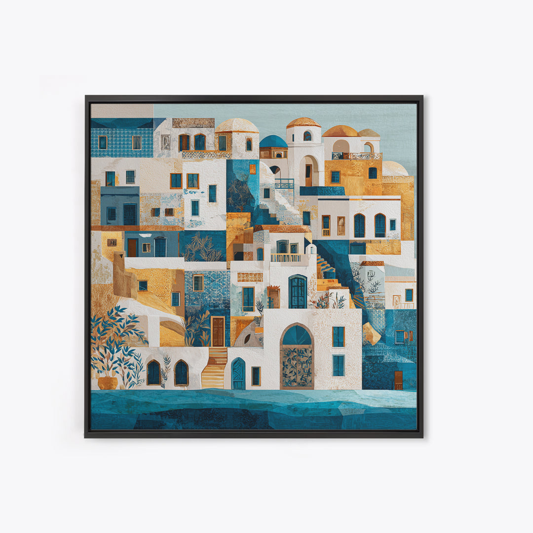 Greek Island White Buildings Above Blue Sea Canvas Print, Mediterranean Art, Neutral Decor, Living Room Decor, Azure, MAR-1x1-73