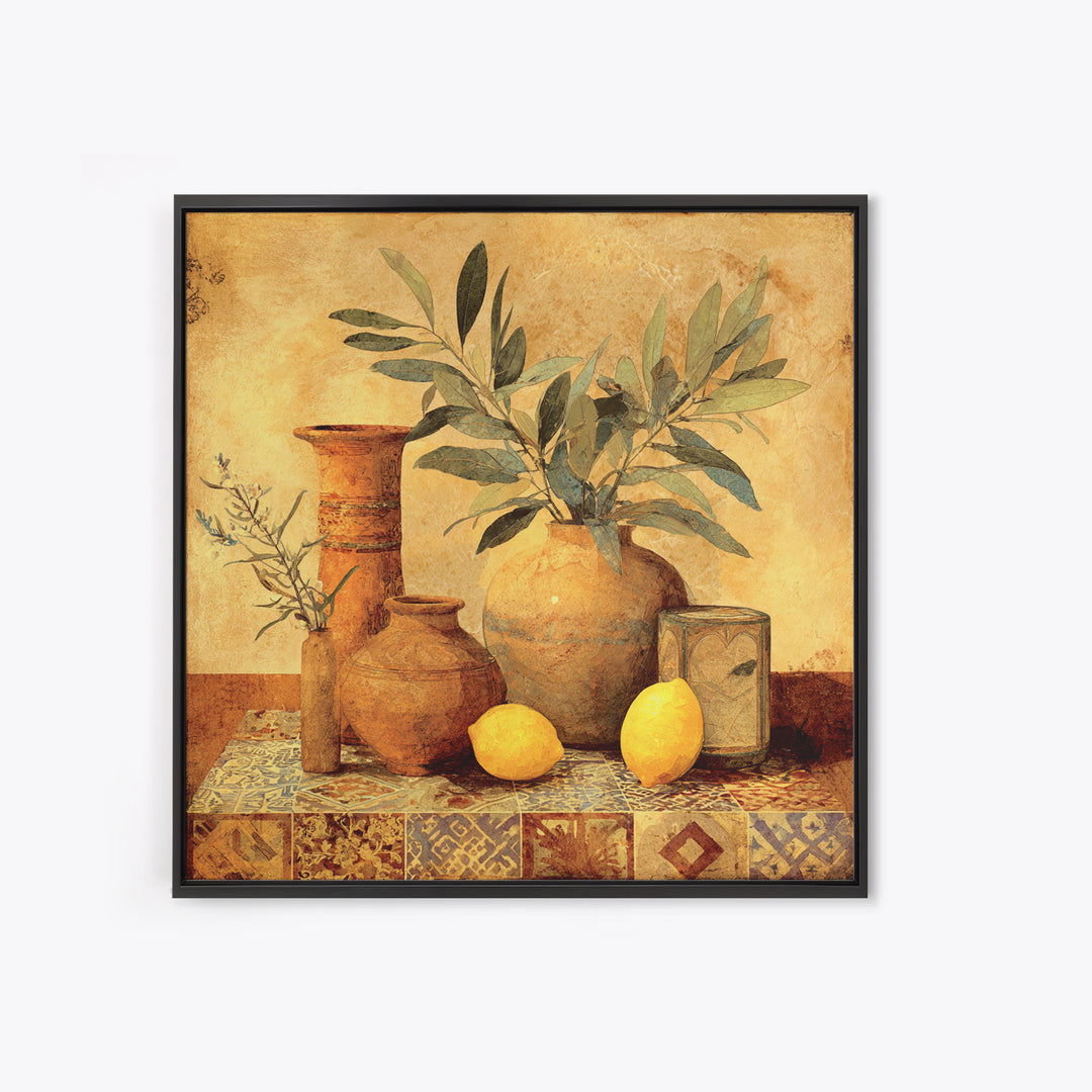 Olive Branch and Lemons on Terracotta Ground Canvas Print, Mediterranean Art, Downloadable Art, Living Room Decor, Azure, MAR-1x1-74