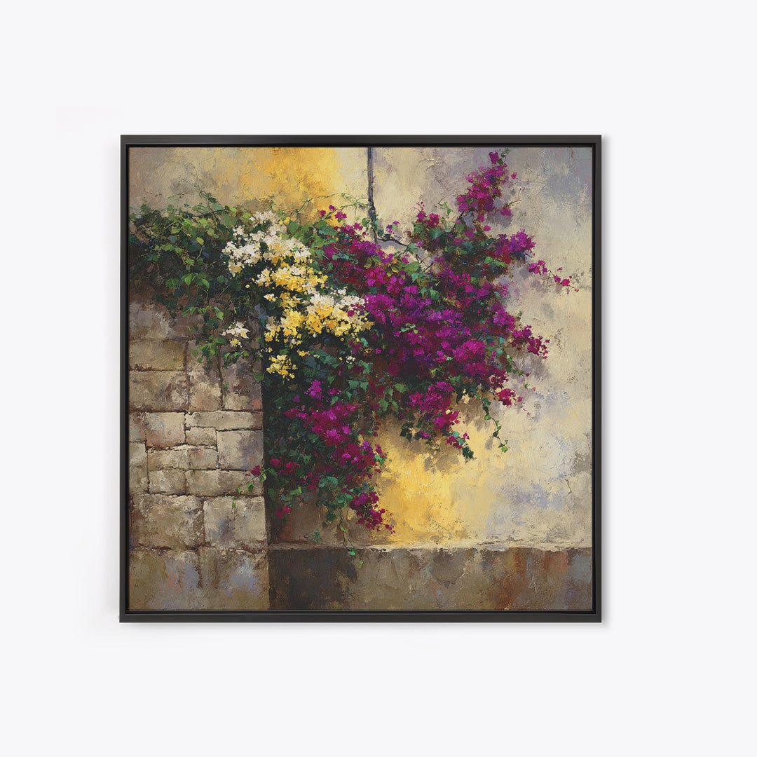 Bougainvillea Cascading over Stone Wall Canvas Print, Mediterranean Art, Modern Decor, Living Room Decor, Fine Art, Azure, MAR-1x1-77