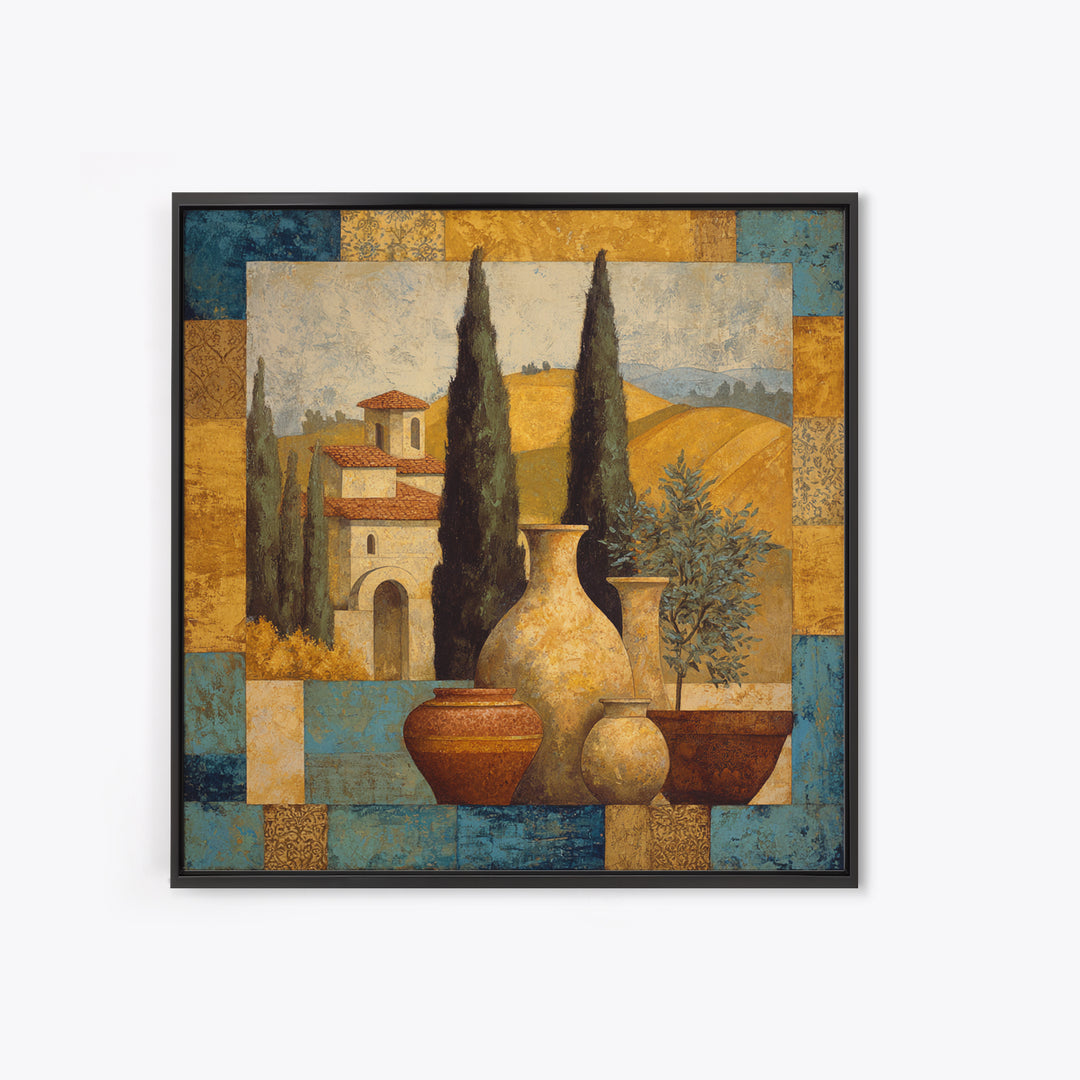 Tuscan Cypress Trees and Golden Hillside Framed Canvas Print, Mediterranean Art, Beach Prints, Living Room Decor, Azure, MAR-1x1-78
