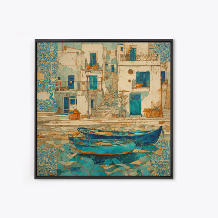 Coastal Fishing Boats Framed Canvas Print, Mediterranean Art, Wall Decor, Living Room Decor, Oil Painting, Azure, MAR-1x1-79