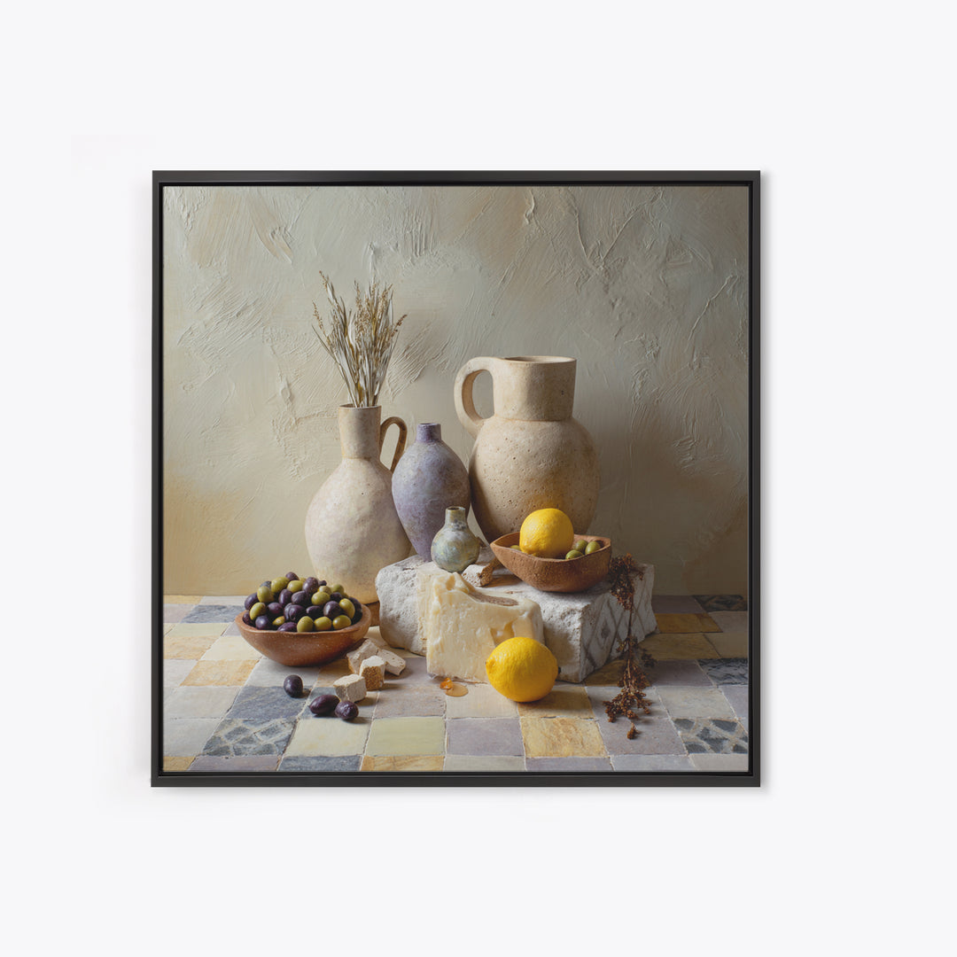 Figs Olives and Cheese Still Life Framed Canvas Print, Mediterranean Art, Printable Art, Living Room Decor, Fine Art, Azure, MAR-1x1-8