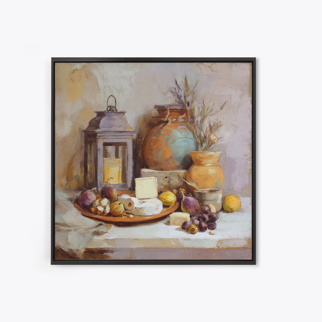 Figs Olives and Cheese Still Life Framed Canvas Print, Mediterranean Art, Wall Decor, Living Room Decor, Fine Art, Azure, MAR-1x1-80