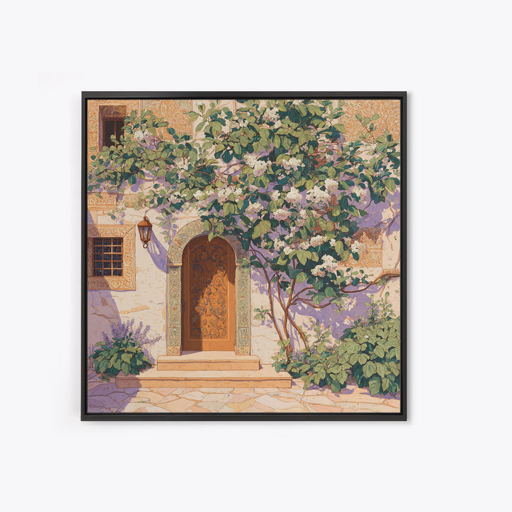 Sunlit Courtyard Doorway Framed Canvas Print, Mediterranean Art, Neutral Decor, Living Room Decor, Oil Painting, Azure, MAR-1x1-83