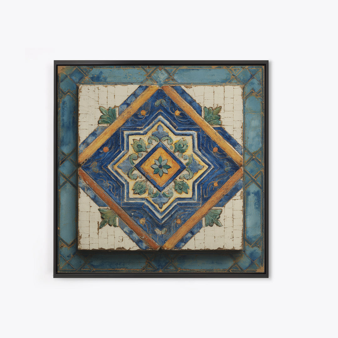 Spanish Tile Ornament Framed Canvas Print, Mediterranean Art, Art Print, Living Room Decor, Fine Art, Azure, Digital Print, MAR-1x1-88