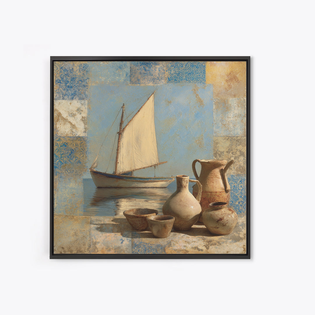 Mediterranean Sailboat on Glassy Water Canvas Print, Mediterranean Art, Gallery Wall Art, Living Room Decor, Fine Art, Azure, MAR-1x1-90