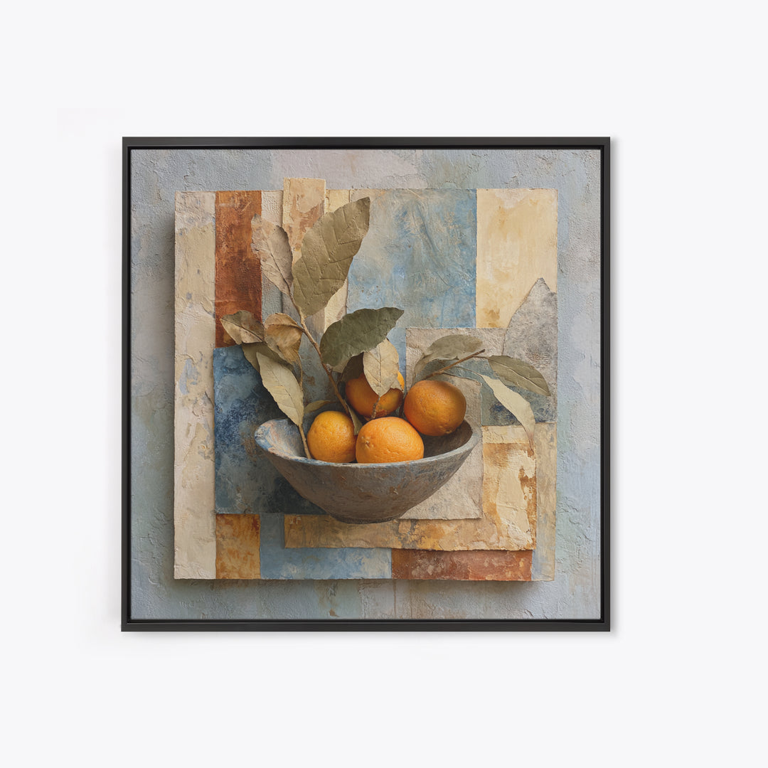 Ceramic Bowl of Oranges and Leaves Framed Canvas Print, Mediterranean Art, Wall Decor, Living Room Decor, Oil Painting, Azure, MAR-1x1-93