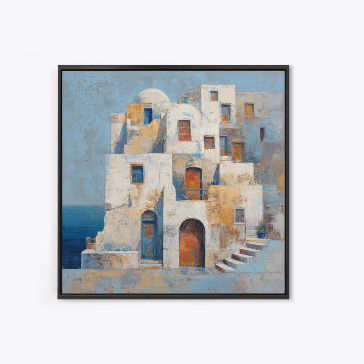 Greek Island White Buildings Above Blue Sea Canvas Print, Mediterranean Art, Luxury Decor, Living Room Decor, Oil Painting, MAR-1x1-97