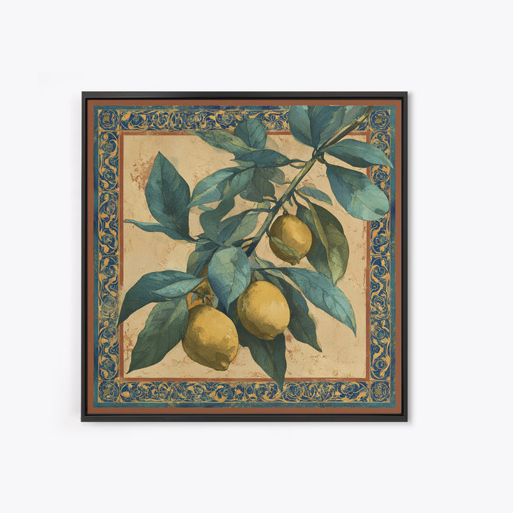 Olive Branch and Lemons on Terracotta Ground Canvas Print, Mediterranean Art, Wall Decor, Living Room Decor, Fine Art, Azure, MAR-1x1-98