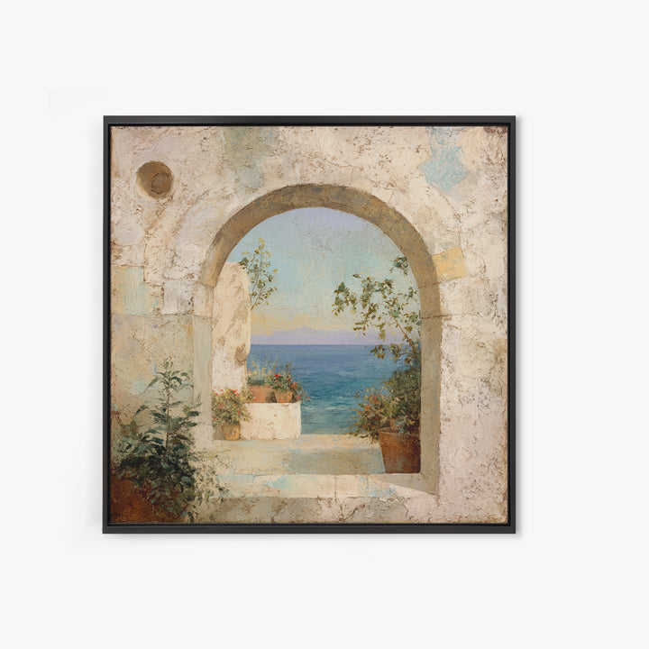 Mediterranean Arch Framing Ocean Horizon Canvas Print, Mediterranean Art, Living Room Decor, Oil Painting, Azure, MAR-1x1-99