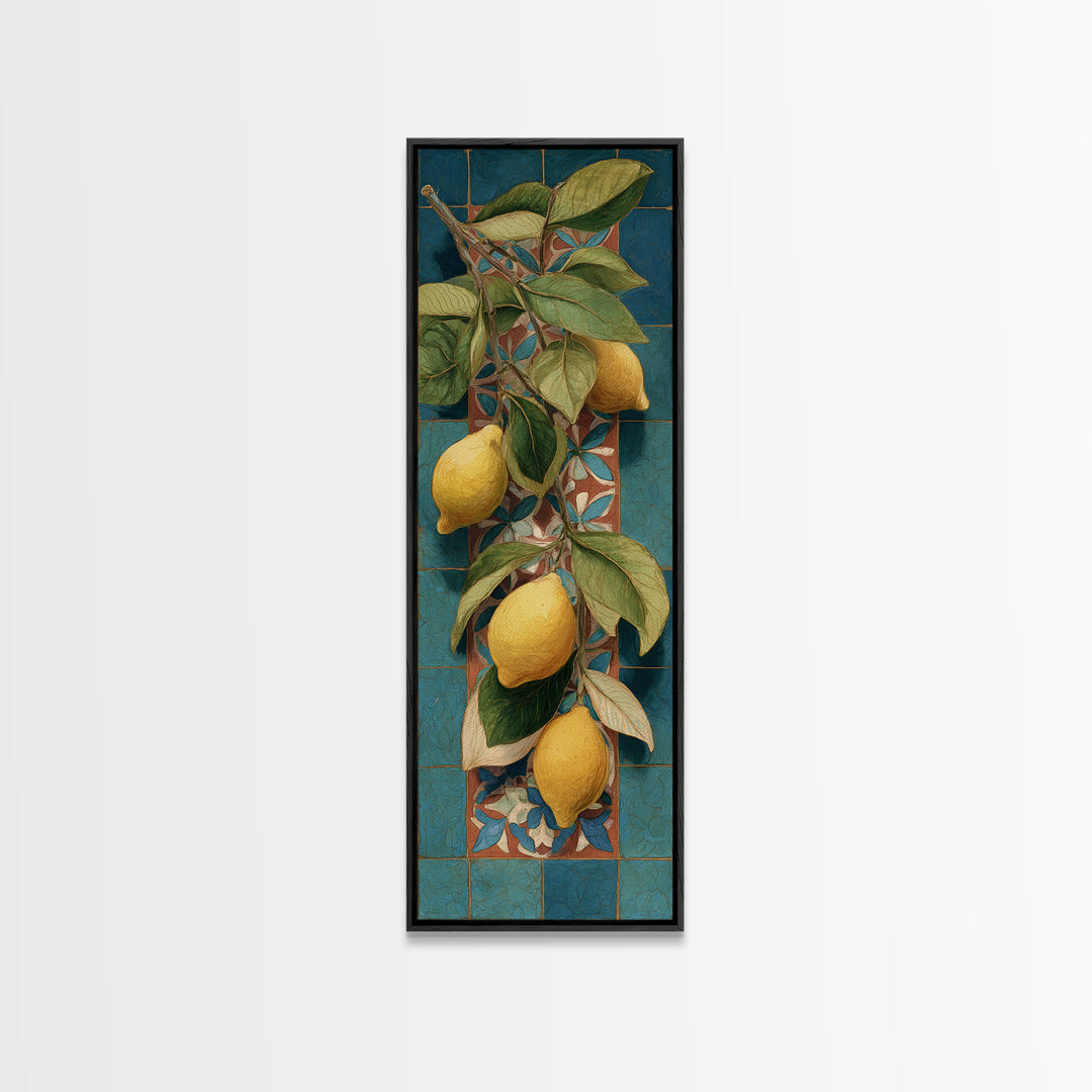 Olive Branch and Lemons on Terracotta Ground Canvas Print, Mediterranean Art, Beach Wall Art, Living Room Decor, Azure, MAR-1x3-14