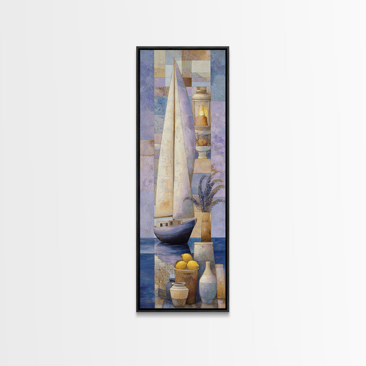 Mediterranean Sailboat on Glassy Water Framed Canvas Print, Mediterranean Art, Coastal Decor, Living Room Decor, Oil Painting, MAR-1x3-30