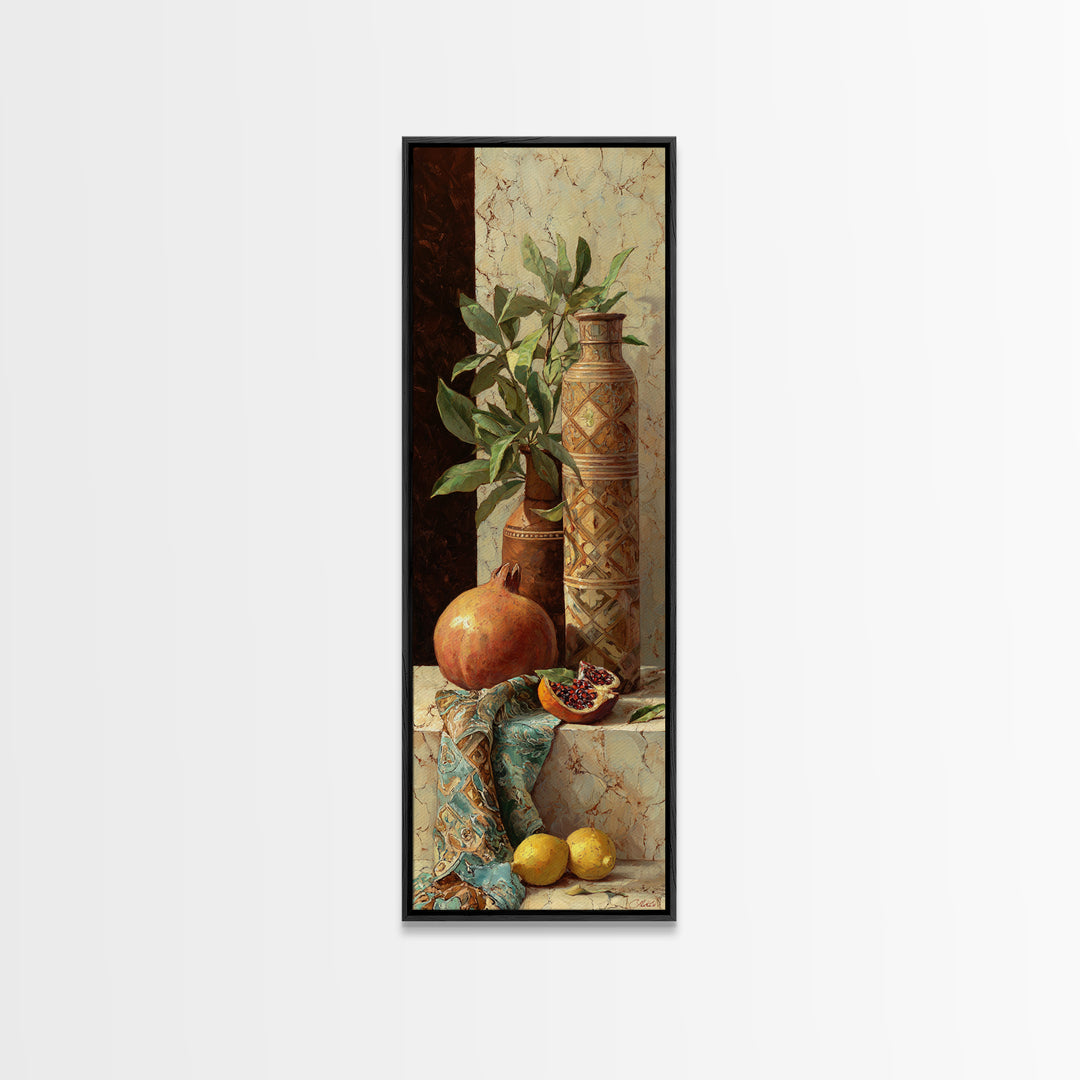 Pomegranate Still Life Framed Canvas Print, Mediterranean Art, Art Print, Living Room Decor, Watercolor Art, Azure, MAR-1x3-31