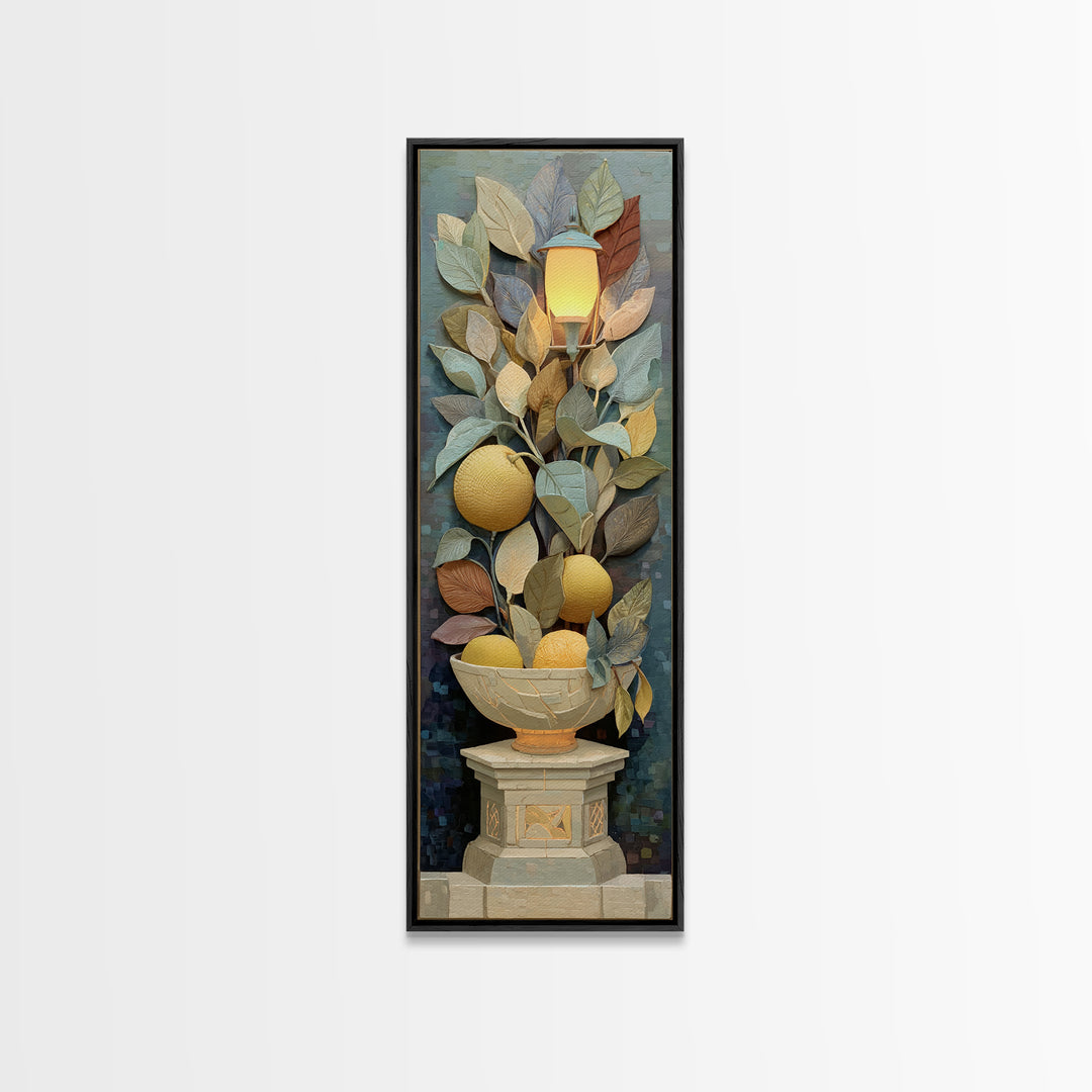 Ceramic Bowl of Oranges and Leaves Canvas Print, Mediterranean Art, Digital Wall Art, Living Room Decor, Fine Art, Azure, MAR-1x3-33