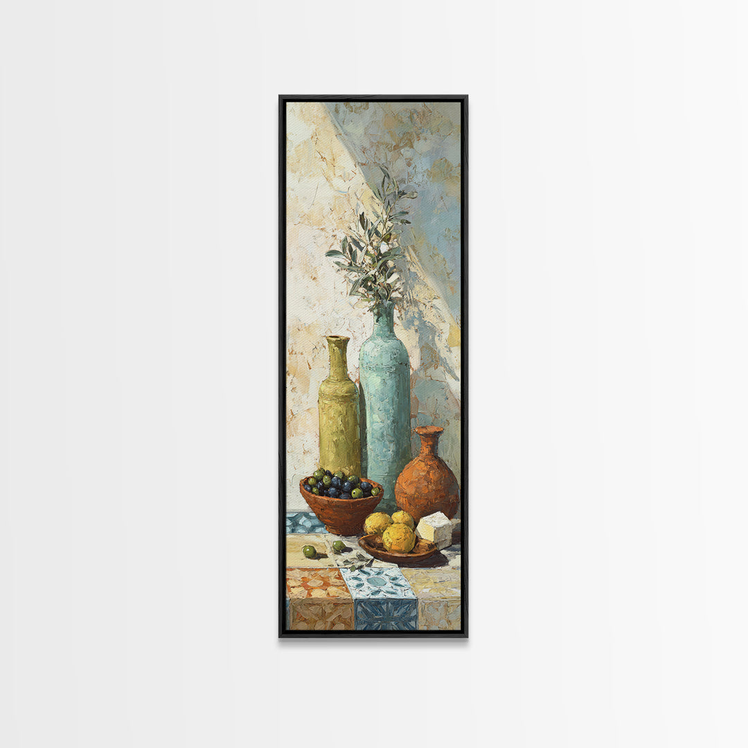 Figs Olives and Cheese Still Life Canvas Print, Mediterranean Art, Statement Artwork, Living Room Decor, Fine Art, Azure, MAR-1x3-44