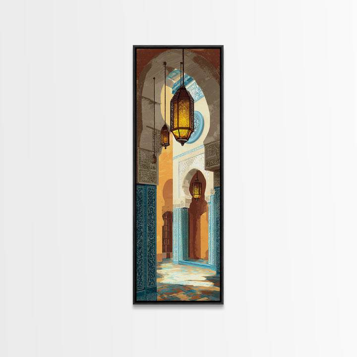 Moroccan Influenced Lantern Framed Canvas Print, Mediterranean Art, Travel Poster, Living Room Decor, Oil Painting, Azure, MAR-1x3-45