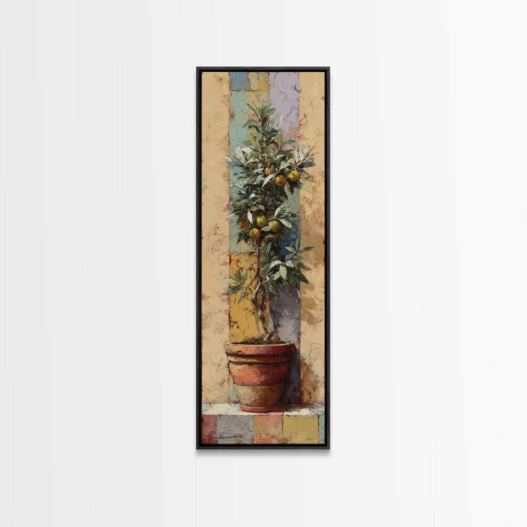 Citrus Tree in Clay Pot Framed Canvas Print, Mediterranean Art, Coastal Art, Living Room Decor, Azure, Statement Artwork, MAR-1x3-46