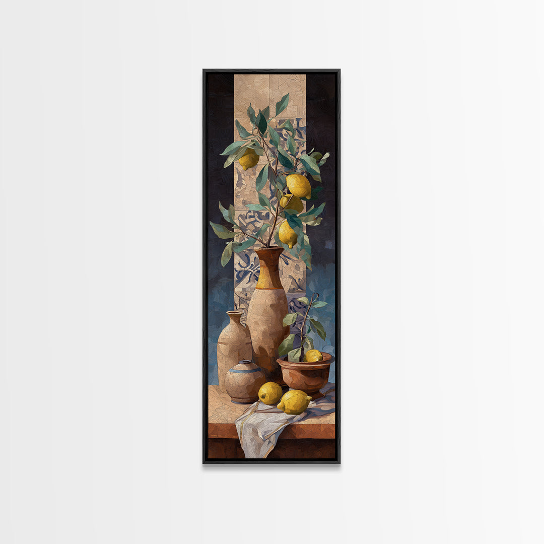 Olive Branch and Lemons on Terracotta Ground Canvas Print, Mediterranean Art, Beach Prints, Living Room Decor, Azure, MAR-1x3-62