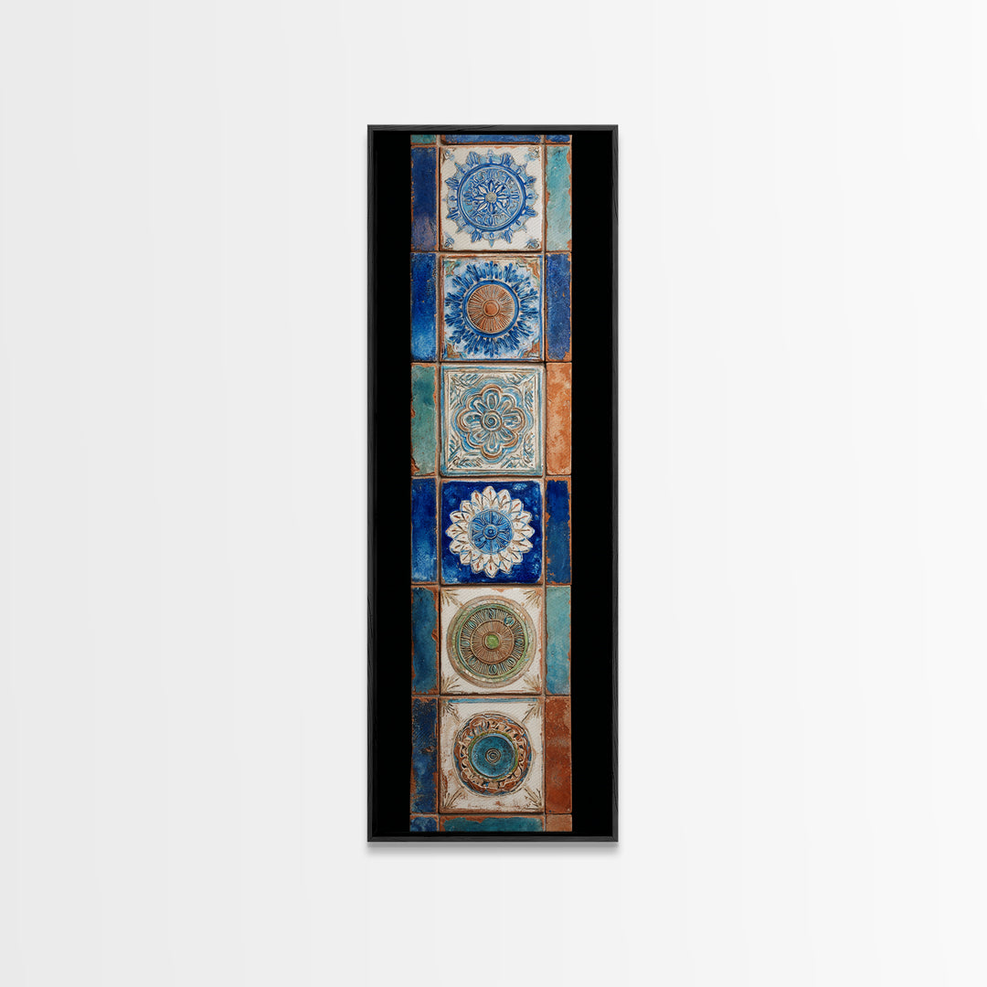 Blue and White Tile Pattern Framed Canvas Print, Mediterranean Art, Printable Wall Art, Living Room Decor, Fine Art, Azure, MAR-1x3-64