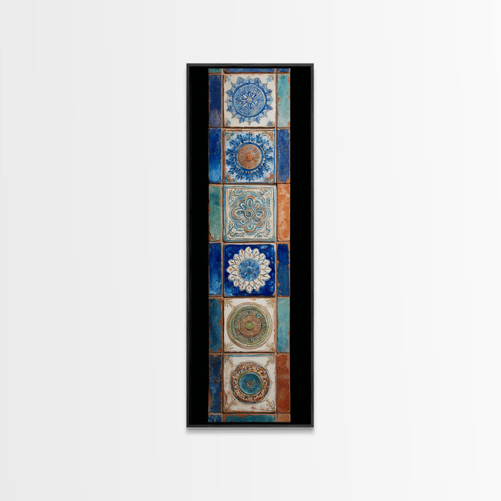 Blue and White Tile Pattern Framed Canvas Print, Mediterranean Art, Printable Wall Art, Living Room Decor, Fine Art, Azure, MAR-1x3-64