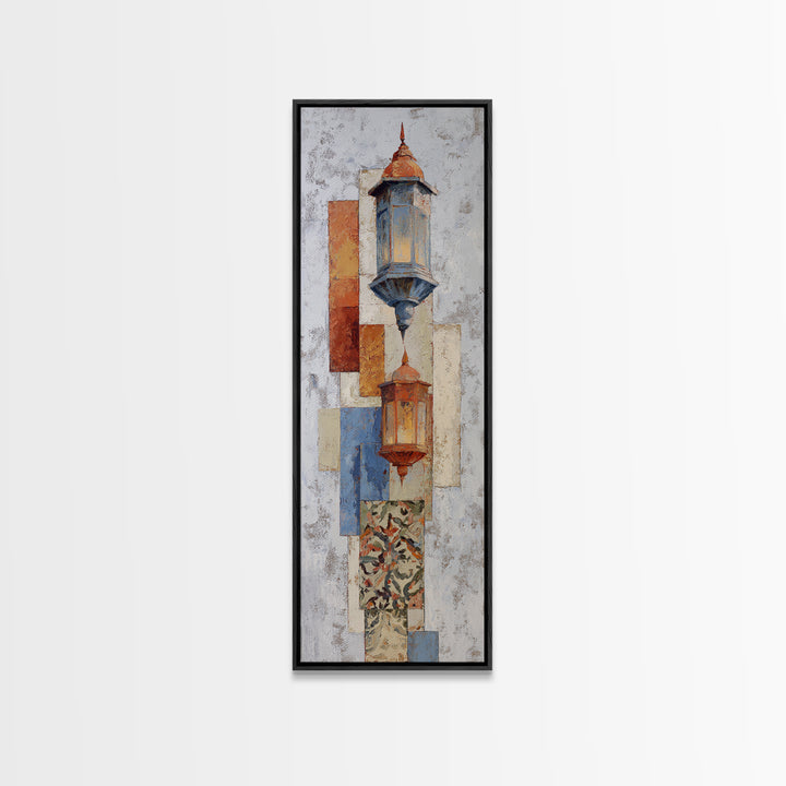 Moroccan Influenced Lantern Framed Canvas Print, Mediterranean Art, Travel Poster, Living Room Decor, Oil Painting, Azure, MAR-1x3-69