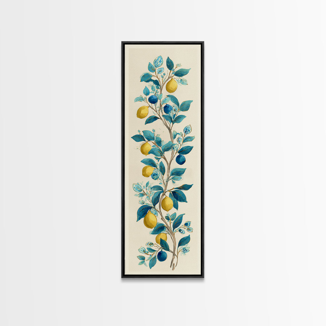 Sicilian Lemon Branch on Ivory Background Canvas Print, Mediterranean Art, Living Room Decor, Oil Painting, Azure, MAR-1x3-73