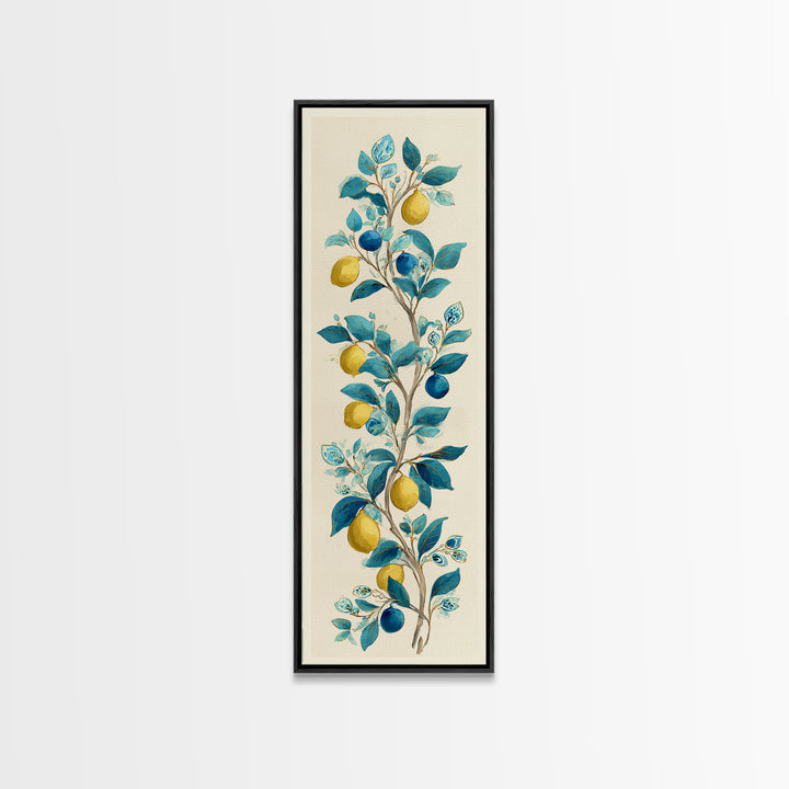 Sicilian Lemon Branch on Ivory Background Canvas Print, Mediterranean Art, Living Room Decor, Oil Painting, Azure, MAR-1x3-73