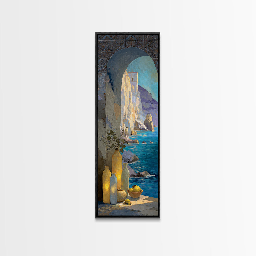 Coastal Cliffs with Sparkling Blue Water Framed Canvas Print, Mediterranean Art, Beach Prints, Living Room Decor, Azure, MAR-1x3-8