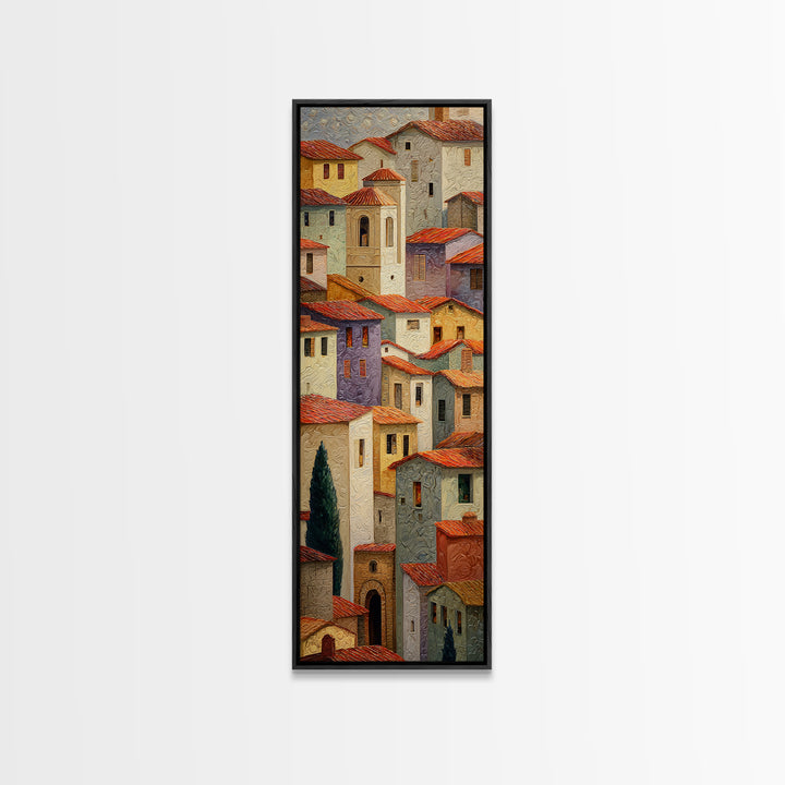 Sunset over Red Tiled Rooftops Framed Canvas Print, Mediterranean Art, Digital Print, Living Room Decor, Fine Art, Azure, MAR-1x3-83