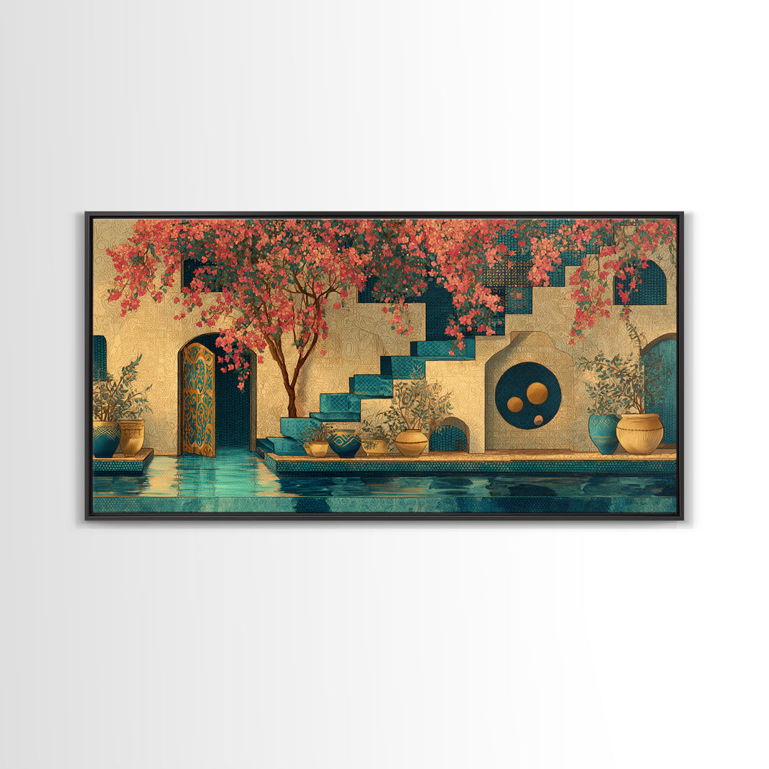Bougainvillea Cascading over Stone Wall Framed Canvas Print, Mediterranean Art, Art Print, Living Room Decor, Fine Art, Azure, MAR-2x1-1