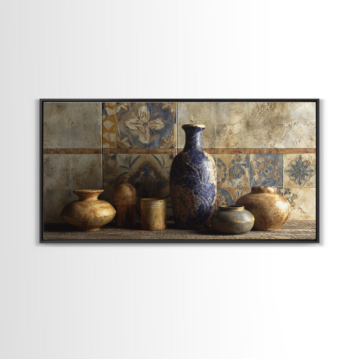 Spanish Tile Ornament Framed Canvas Print, Mediterranean Art, Luxury Decor, Living Room Decor, Fine Art, Azure, Framed Wall Art, MAR-2x1-12