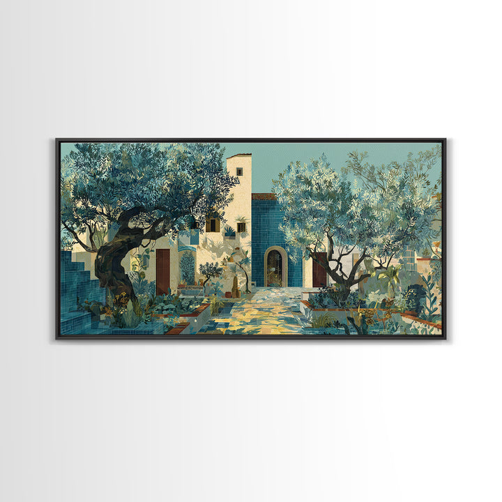 Olive Grove under Pale Morning Light Framed Canvas Print, Mediterranean Art, Boho Decor, Living Room Decor, Fine Art, Azure, MAR-2x1-13