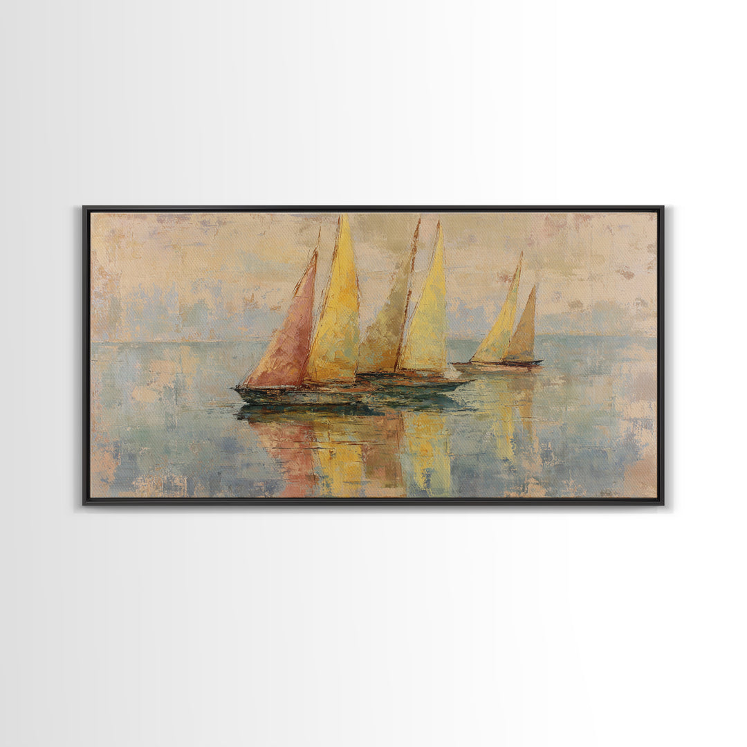 Mediterranean Sailboat on Glassy Water Framed Canvas Print, Mediterranean Art, Travel Poster, Living Room Decor, Watercolor Art, MAR-2x1-14