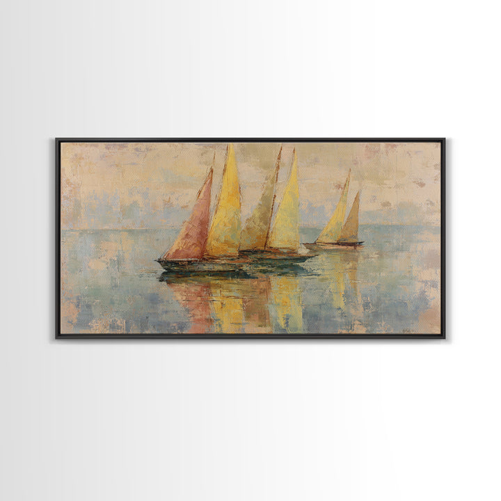 Mediterranean Sailboat on Glassy Water Framed Canvas Print, Mediterranean Art, Travel Poster, Living Room Decor, Watercolor Art, MAR-2x1-14