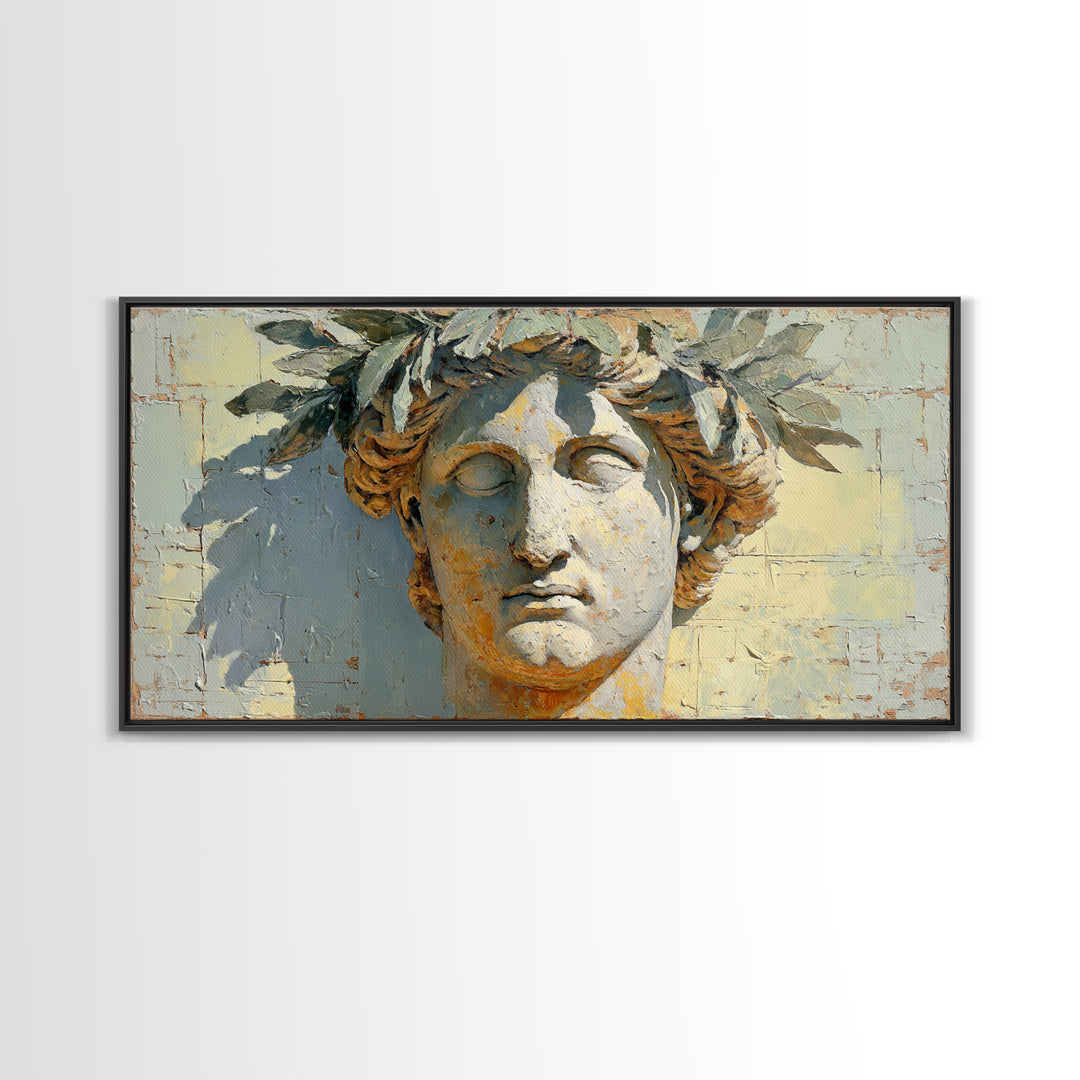 Roman Statue Bust Framed Canvas Print, Mediterranean Art, Gallery Decor, Living Room Decor, Fine Art, Azure, Minimalist Decor, MAR-2x1-18