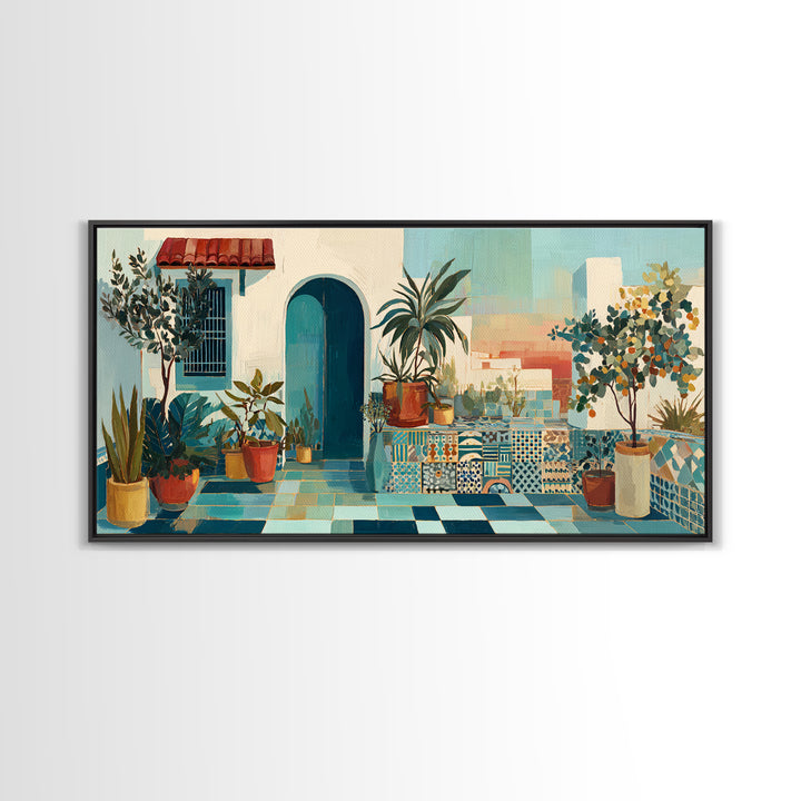 Sunset over Red Tiled Rooftops Framed Canvas Print, Mediterranean Art, Gallery Wall Art, Living Room Decor, Fine Art, Azure, MAR-2x1-19